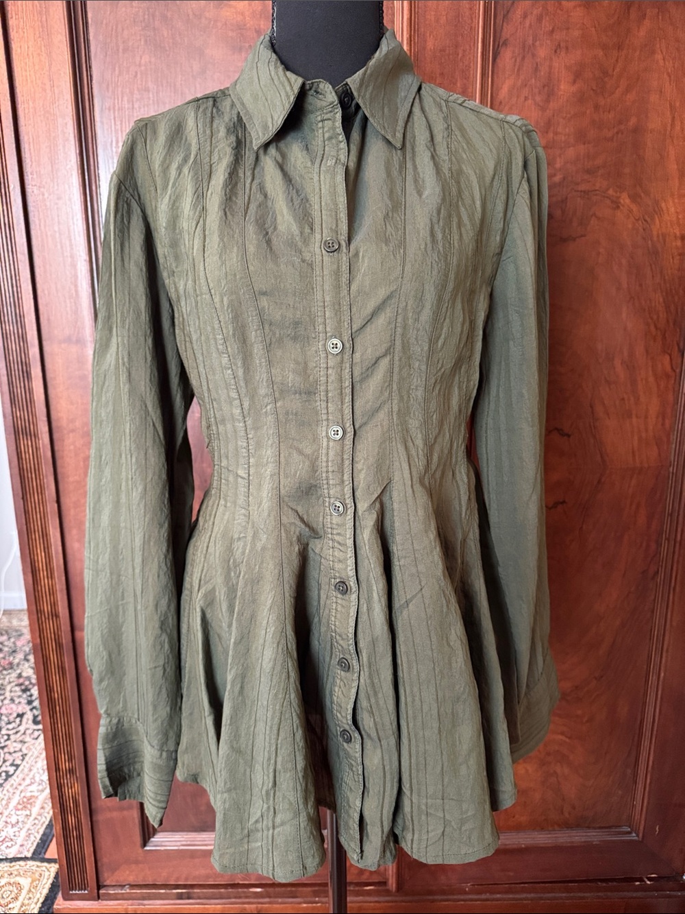 Anthropologie Moss Green Button-Front Peplum Shirt